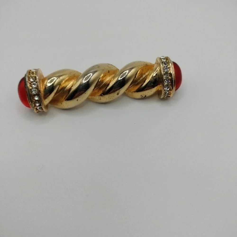 Gold Tone Twisted Chunky Bar Pin Red Cabochons Vintage Statement Brooch Scepter